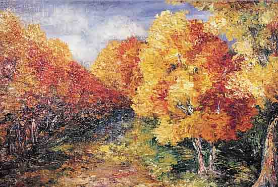 UNBEK. KüNSTLER UM 1920, HERBSTLICHER WALD IN KRäFTIGEN FARBEN, ÖL/LWD., UNLESERLICH SIGN. U. RE. (R)ESCH..), 65 X 85 CM, R.