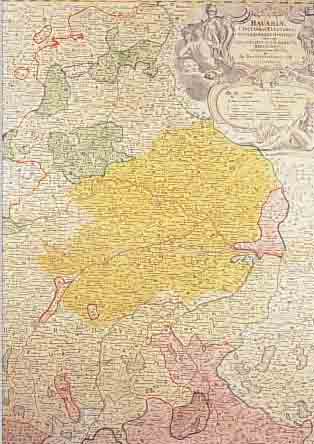 KOLORIERTE KUPFERSTICHKARTE, JOH. BAPTIST HOMANN NüRNBERG, UM 1730, ANSICHT VON BAYERN, TEILKOLORIERT, RE.O. KARTUSCHE ...