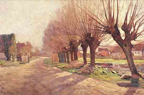 WENNERMAES, A. O. ä., IMPRESSIONIST UM 1920,WEIDENBESTANDENER FLUSS NEBEN DER DORNSTRASSE,AM JENSEITIGEN FLUSSUFER HäUSERGRUPPE UND PERSONEN ...