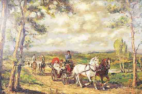 VAN DER HYDE, IMPRESSIONIST MITTE 20. JH., AUSFLUG MIT DER PFERDEKUTSCHE, ÖL/LWD., MONOGR., AUF SCHILD BEZ., 60 X 80 CM, R.