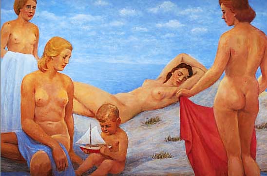 UNBEKANNTER MALER, DEUTSCH, UM 1935, BADENDE AM UFER, ÖL/LWD, RE. U. UNLESERLICH SIGNIERT, CA. 78 X 99 CM