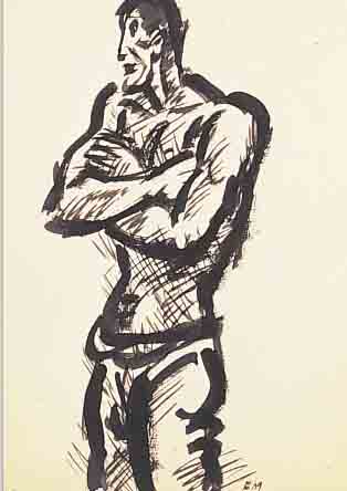 MASEREEL, FRANS, 1889-1972, STEHENDER MANN, TUSCHE AUF GEBRäUNTEM PAPIER, RE. U. MONOGR. UND DAT. 1948, LEICHT EINGE- RISSEN, CA. ...