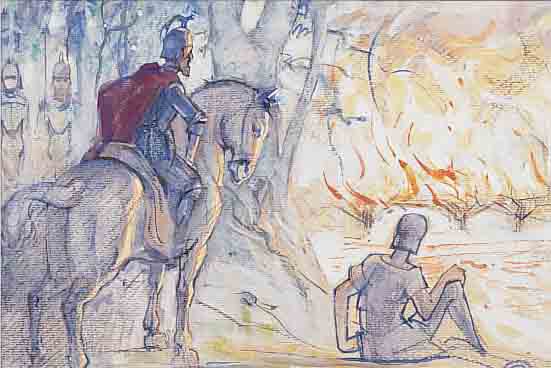 STEIGERWALDT, E., *1900 - 1950, MITTELALTERLICHE FIGUREN VOR BRENNENDER STADT,AQUARELL AUF PAPIER, RE. U. MONOGR., CA. 34 X 47,5 ...