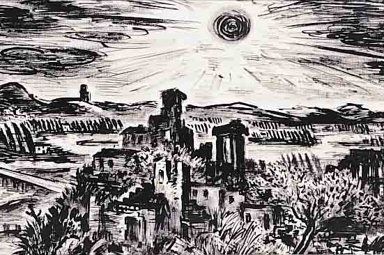 MASEREEL, FRANS, 1889-1972, SOUVENIR D'ORGON, SONNENAUFGANG üBER STADT, TUSCHEZEICHNUNG AUF PAPIER, LI. U. MONOGR. UND ...