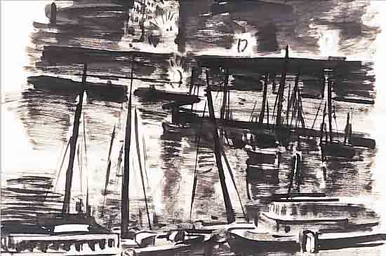 MASEREEL, FRANS, 1889-1972, HAFENANSICHT, TUSCHEZEICHNUNG AUF PAPIER, UNSIGNIERT, AUS DEM NACHLAß STAMMEND, CA. 26,5 X 36,5 ...