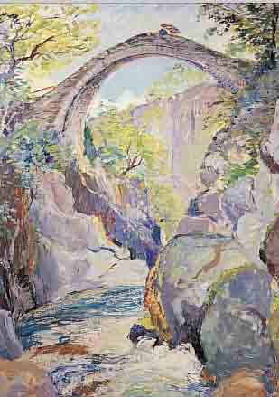 MEYER, HANS-RUDOLF, GEB. 1913 ZOLLIKON, PONTE NOUVA-CENTO VALLI, ÖL/MALKARTON, RE. U. SIGN. UND DAT. 42, CA. 80 X 60 CM, R.