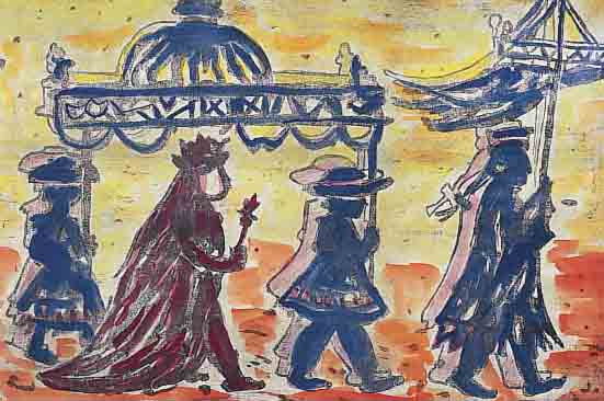 KRINNER, MICHAELA, GEB. 1915 WALDMüNCHEN, MEISTERSCHüLERIN VON OSKAR KOKOSCHKA, HIER: KöNIGSZUG, AQUARELLIERTE LITHOGRAPHIE, HAND- SIGN. UND ...
