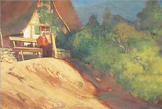 GROH, AUGUST, GEB. 1871 NECKARSTEINACH, WAR TäTIG IN KARLSRUHE, HIER: LANDSCHAFT MIT GEBIRGSHüTTE, ÖL/LWD, AUF HOLZ AUFGEZOGEN, CA. 82 X ...