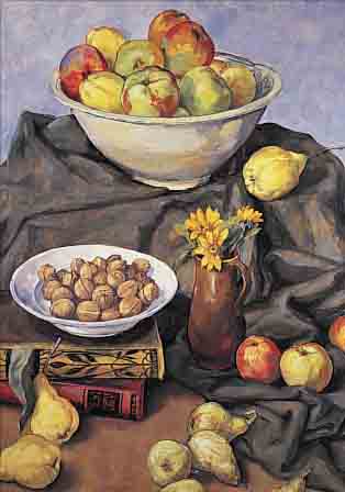 BRAND, WERNER, GEB. 1938 BERLIN, STILLEBEN MIT BLUMEN, FRüCHTEN UND BüCHERN, ÖL/LWD, RE. U. SIGN. UND DAT. 99, CA. 75 X 70 CM, R.