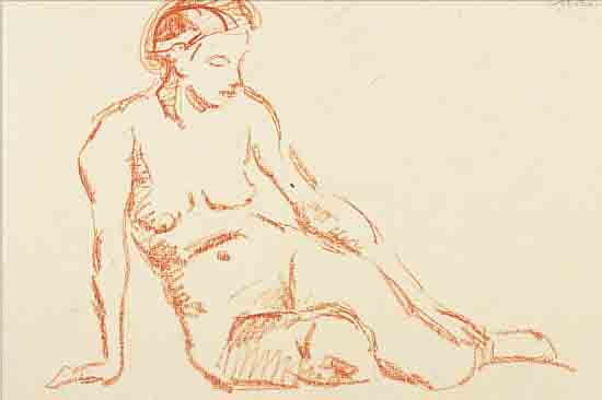 WIMMER, FRITZ, 1879-1960, LIEGENDER WEIBLICHER AKT, RöTELZEICHNUNG, MONOGR., CA. 27 X 36,5 CM, U.GL., R.