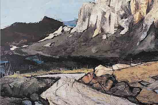 LEVIER, CHARLES, GEB. 1920, FLUßLAUF IN BERGIGER LANDSCHAFT, ÖL/LWD, RE. U. SIGN., CA. 51,5 X 127,5 CM, R.