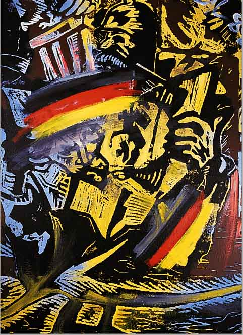 IMMENDORFF, JöRG, PROF., GEB. 1945, HEULER, MIT ACRYL üBERMALTER LINOLSCHNITT AUS CAFé DEUTSCHLAND, RE. O. SIGN. UND DAT. 88, CA. ...
