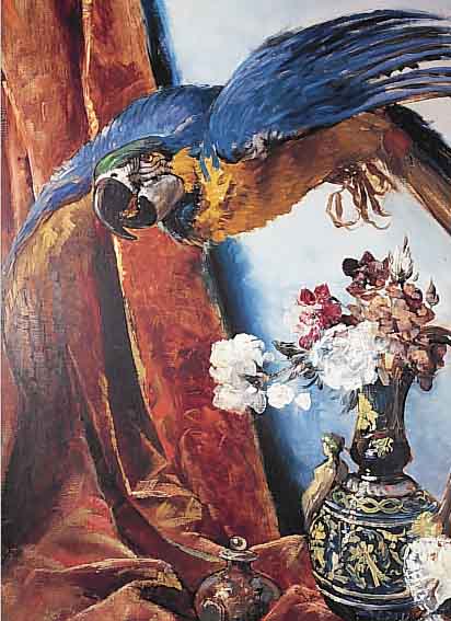 WAGNER, FERDINAND, 1847-1927, STILLEBEN MIT BLUMEN, FäCHER UND PAPAGEI, ÖL/ LWD, RE. U. SIGN., CA. 109,5 X 74 CM, R.