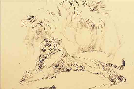 DILL, OTTO, 1884 NEUSTADT-1957 BAD DüRKHEIM, LIEGENDER TIGER, LITHOGRAPHIE, RE. U. HANDSIGN., CA. 32 X 43 CM, GEBRäUNT, PP, U. GL., R.