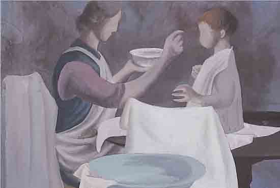 KARRMANN, RUDOLF, *1907 KARLSRUHE, MUTTER MIT KIND IN DER STUBE, GOUACHE AUF PAPIER, UNSIGNIERT, AUS DEM NACHLAß DES KüNSTLERS ...