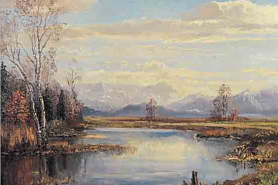 KRAUS, HANS OTTO, SüDDEUTSCHER MALER DES 20. JH., SEE IN WEITER VORGEBIRGSLANDSCHAFT, ÖL/LWD, RE. U. SIGN., ...