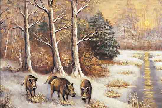 UNBEKANNTER MALER, WOHL DEUTSCH, 1. HäLFTE 20. JH., WILDSCHWEINE IN ABEND- LICHER WINTERLANDSCHAFT AM BACHLAUF, ÖL/LWD, RE. U. ...