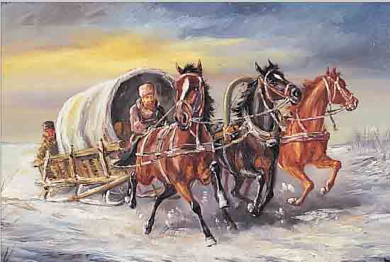 RIEDMANN, H., DEUTSCHER MALER, 50ER JAHRE, DREISPäNNIGE KUTSCHE IN WINTERLANDSCHAFT, ÖL/LWD, RE. U. SIGN., CA. 40 X 80 CM, R.