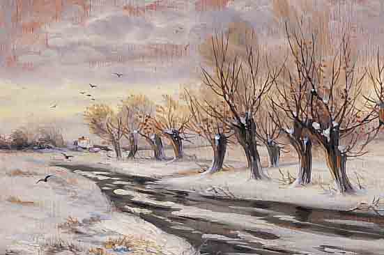 BORGFELD, A., DEUTSCHER MALER, 1. HäLFTE 20. JH., WINTERLANDSCHAFT MIT WEIDEN AM FLUSS, ÖL/HOLZ, LI. U. SIGN., CA. 40 X 50 ...