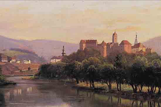 UNBEKANNTER MALER, DEUTSCH, UM 1920, STADTANSICHT MIT BURGANLAGE AM FLUSS, ÖL/LWD, UNSIGN., CA. 35 X 64 CM, R.
