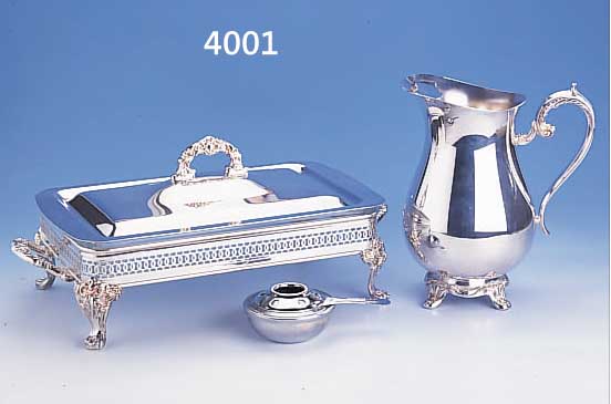 KONVOLUT:  WASSERKRUG UND WARMHALTE-TERRINE, USA 50ER JAHRE, METALL VERSILBERT, TERRINE MIT GLAS- EINSATZ, AUF ...