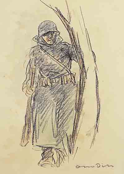 DILL, OTTO, 1884 NEUSTADT-1957 BAD DüRKHEIM, SOLDAT, KOHLEZEICHNUNG AQUARELLIERT, RE. U. HANDSIGNIERT, LEICHT GEBRäUNT, BLATTGR. CA. 26,3 X ...