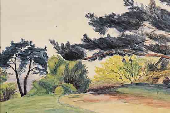 SPIRO, EUGEN, 1874 BRESLAU-1972 NEW YORK, LANDSCHAFT MIT WEG UND BäUMEN, AQUARELL/PAPIERLI. U. SIGN. UND DAT. 31, CA. 18 X 28,5 CM, PP, U.GL., ...