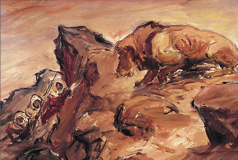 DILL, OTTO, 1884 NEUSTADT-1957 BAD DüRKHEIM, BEDUINEN BEI DER LöWENJAGD, ÖL/MALKARTON, RE. U. SIGN., CA. 49 X 68 CM, R.