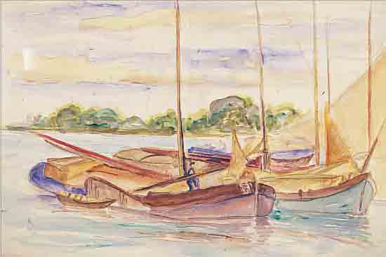 HAUPTMANN, IVO, 1886 ERKNER-1973 HAMBURG, FISCHERBOOTE AM UFER, AQUARELL/PAPIER, RE. U. SIGN. UND DAT. 1930, CA. 45 X 57 CM, PP, U.GL.R., LEICHT ...
