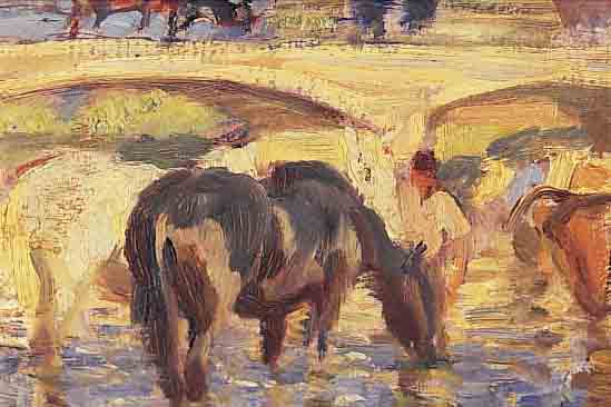 JUNGHANNS, JULIUS PAUL, 1876 WIEN-1958 DüSSELDORF, PFERDE IN DER FURT, ÖL/HOLZ, RE. U. ...