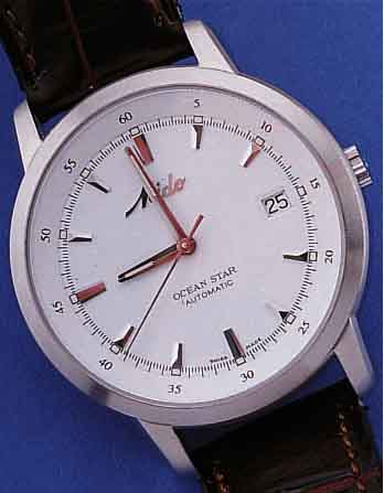 MIDO HERRENARMBANDUHR OCEANSTAR AUTOMATIK, REF.-NR. 8720, SCHWEIZ UM 1996, EDELST. SAT., BODEN GESCHR., SAPHIRFLACHGL., NEUTR. LEDERB.,INNENSCHALE ...