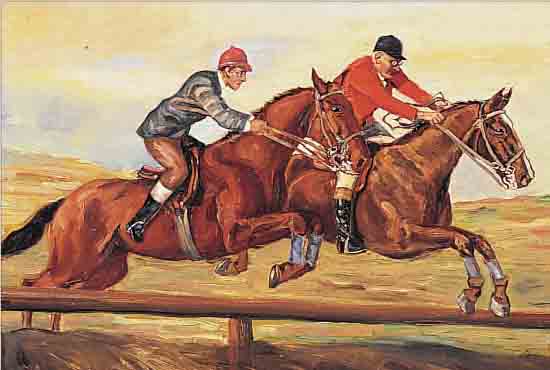 OSSWALD, EUGEN, 1879 STUTTGART-1966 STARNBERG, HINDERNISSPRINGEN, ÖL/LWD (TEILREST.), RE. U. ...