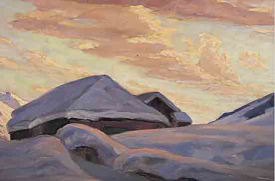 JUNGK, ELFRIEDE, GEB. 1889 BERLIN, VERSCHNEITE BERGHüTTE BEI SONNENAUFGANG, ÖL/ LWD, LI. U. SIGN. UND DAT. 1931, MIN. REST., CA. 60 X ...