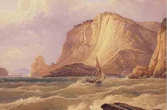 COMPTON, EDUARD THEODORE, 1849 LONDON-1921 FELDAFING, SEGELBOOT AUF BEWEGTER SEE VOR FELSIGER KüSTE, AQUARELL AUF PAPIER, ...