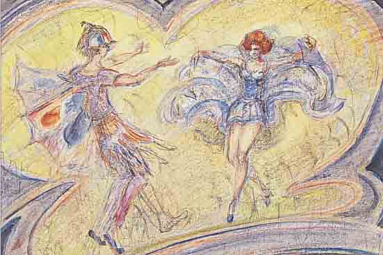 ARLT, FRITZ, 1887 WALDENBURG-1966 MüNCHEN, ZWEI TäNZERINNEN, WOHL ENTWURF FüR THEATER- KOSTüME, BUNTSTIFT UND AQUARELL üBER BLEI- STIFT, ...