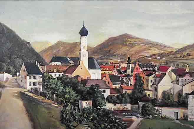 BURKHARDT, FRITZ, 1900 ARNSTEIN-1983 MüNCHEN, DORFANSICHT IM VORALPENLAND, ÖL/LWD, LI. U. SIGN., MIN. REST., CA. ...
