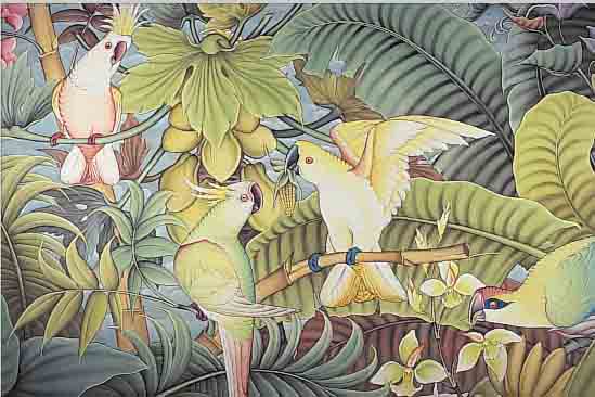 BALINESISCHER KüNSTLER D. 20. JH., GROSSE URWALDSZENE MIT PAPAGEIEN IN PALMENZWEIGEN, ACRYL/LWD., SIGN. U. ORTSBEZ., 90 X 140 CM, R.