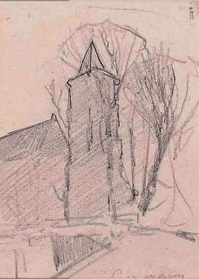 PURRMANN, HANS, 1880 SPEYER-1966 BASEL, LANDSCHAFT MIT KIRCHTURM, BLEISTIFT AUF GRAUEM PAPIER, RE. U. SIGNIERT, MIT EXPERTISE VON ...