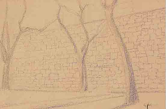 WUNDERWALD, GUSTAV, GEB. 1882 KöLN-KALK, BäUME VOR DER MAUER, BLEISTIFT AUF PAPIER, LEICHT GEBRäUNT, RE. U. MONOGR., CA. 12,5 X 18 CM, ...