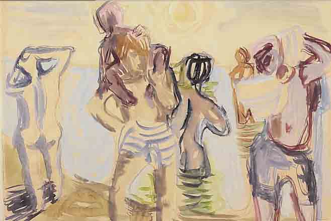 BARGHEER, EDUARD, 1901 FINKENWäRDER-1979 HAMBURG, BADENDE AM MEER, MISCHTECHNIK (GOUACHE UND AQUARELL), ...