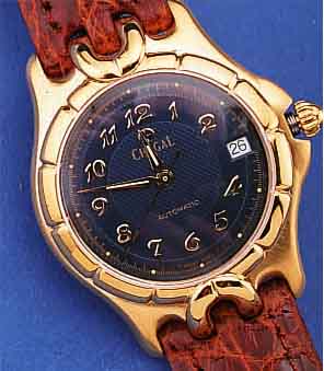 CHAGALL DESIGNERHERRENARMBANDUHR AUTOMATIK, SCHWEIZ UM 1994, EDELST. HARTVERG., BODEN U. KRONE GESCHR., BEI FERTIGST. WASSERD., BOMB. SAPHIRGL., ...
