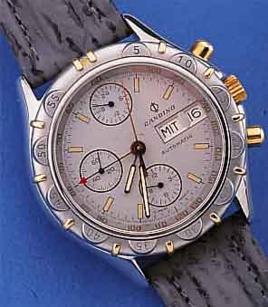 CANDINO ARMBANDCHRONOGRAPH AUTOMATIK, REF.- NR. 40295080, SCHWEIZ UM 1995, EDELST., BODEN GESCHR., LEDERB., BED.-ANL., ETUI, ...