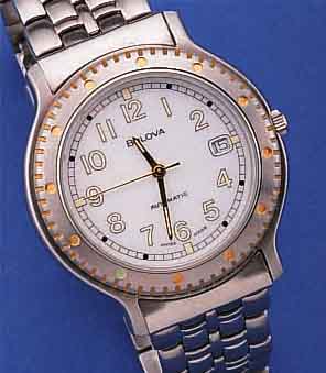 BULOVA HERRENARMBANDUHR AUTOMATIK, SCHWEIZ UM 1997, EDELST. INCL. BAND, LüNETTE EINS. RAST. DREHB., BEIDS. MINERALFLACHVERGL., WERK VERG., 26 ...