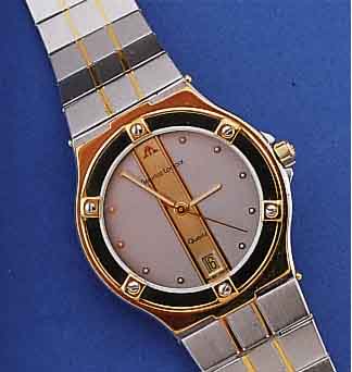 MAURICE LACROIX HERRENARMBANDUHR, REF.-NR. 95885, SCHWEIZ UM 1995, EDELST., TEILW. POL., TEILW. SAT., KRONE, LüNETTE SOWIE BANDTEILE HARTVERG., ...
