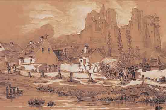 HöFER, JOH., KüNSTLER UM 1850, BAUER MIT HEUWAGEN VOR SCHLOSS HERREFONDS (OISE), BLEI UND AQU. AUF BRAUNEM PAPIER, SIGN., BETITELT U. DAT. ...