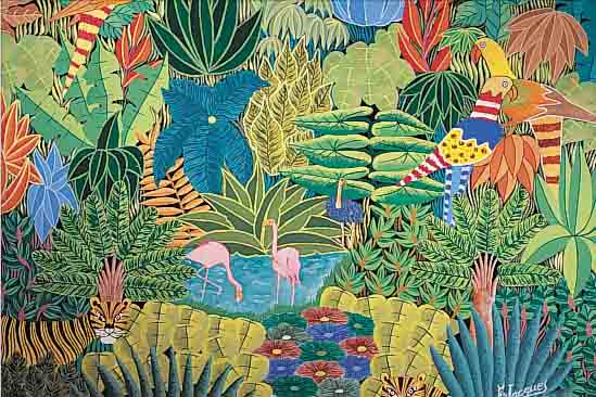 JAQUES, FRITZ, *1953 PORT AU PRINCE, FLAMINGOS AM SEE, UMGEBEN VON URWALD MIT VöGELN UND WILDEN TIEREN, ÖL/LWD., SIGN., 84 X 84 CM