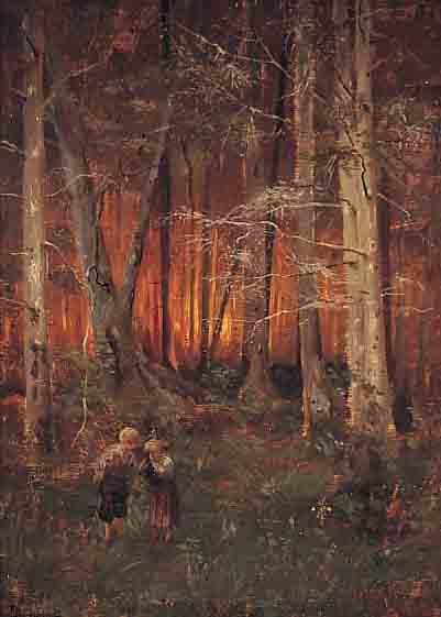 LANG, ALBERT, 1847 KARLSRUHE-1933 MüNCHEN, ZWEI KINDER AUF EINER ABENDLICHEN WALDLICHTUNGÖL/LWD, AUF HOLZ AUFGEZOGEN, RE. U. SIGN. UND DAT. 1871, ...