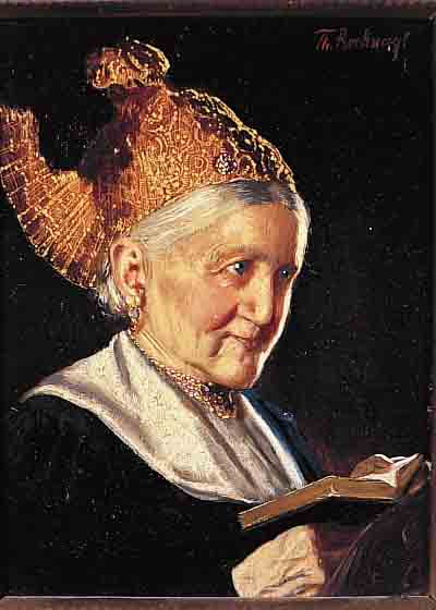 RECKNAGEL, THEODOR, MüNCHENER GENREMALER DES 19./20. JH., NACHGEWIESEN NOCH UM 1930, BäUERIN MIT LINZER GOLDHAUBE UND GEBETBUCH, ÖL/HOLZ, ...