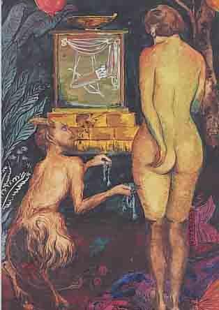 UNBEK. KüNSTLER ENDE 19. JH., SATYR REICHT EINER NACKTEN VOR EINEM ALTAR KETTEN, DIE DIESE VERSTOHLEN ANNIMMT, MISCHTECHNIK, AM ALTAR ...