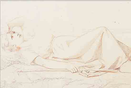 UNBEK. KüNSTLER UM 1860, SICH AUSRUHENDES HüTEMäDCHEN, BLEISTIFT- UND RöTELZEICHNUNG, L.ALTERSSPUREN, 20,5 X 31 CM, PP.